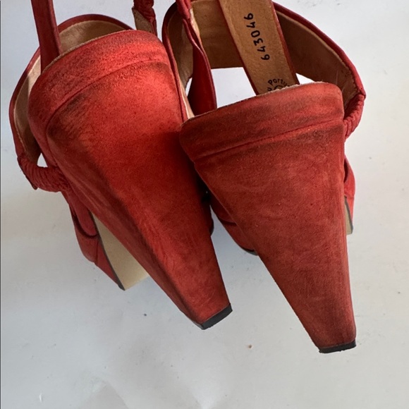 John Fluevog On Board Starboard Red Orange Suede Slingback Heel Sandals size 9.5 - Picture 5 of 11
